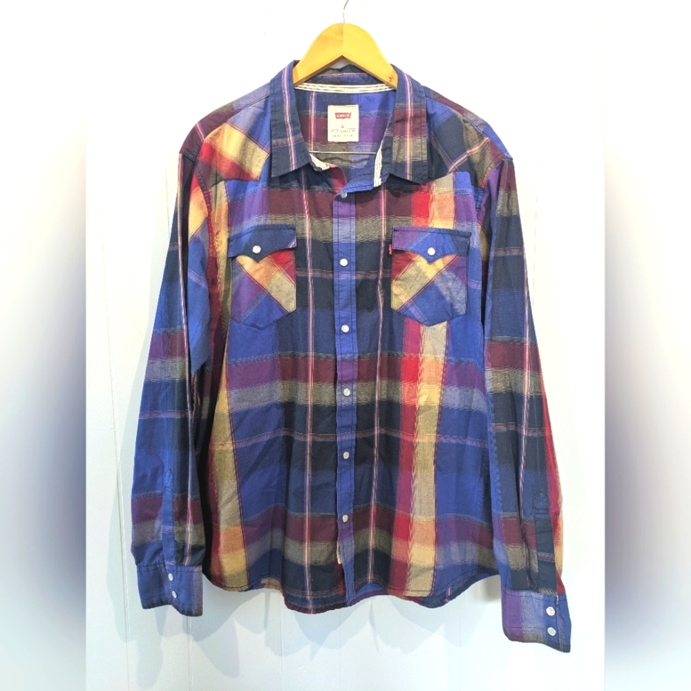 Levis Pearlsnap Western Plaid Button‎ Down Shirt Blue Red size XXL Classic